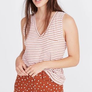 Madewell Top Whisper Cotton V-Neck Pocket Tank Paris Pink Anuta Stripe Sz S EUC